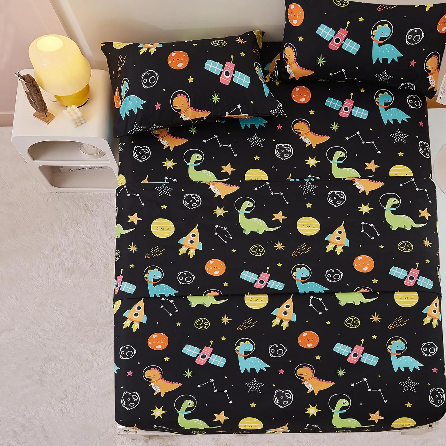 Yibeizi Dinosaur Space Twin Sheets Set for Boys, Kids Cute Planet Printed Microfiber Bedsheets Deep Pocket Bed Sheet & Pillowcase Sets 3 Pieces