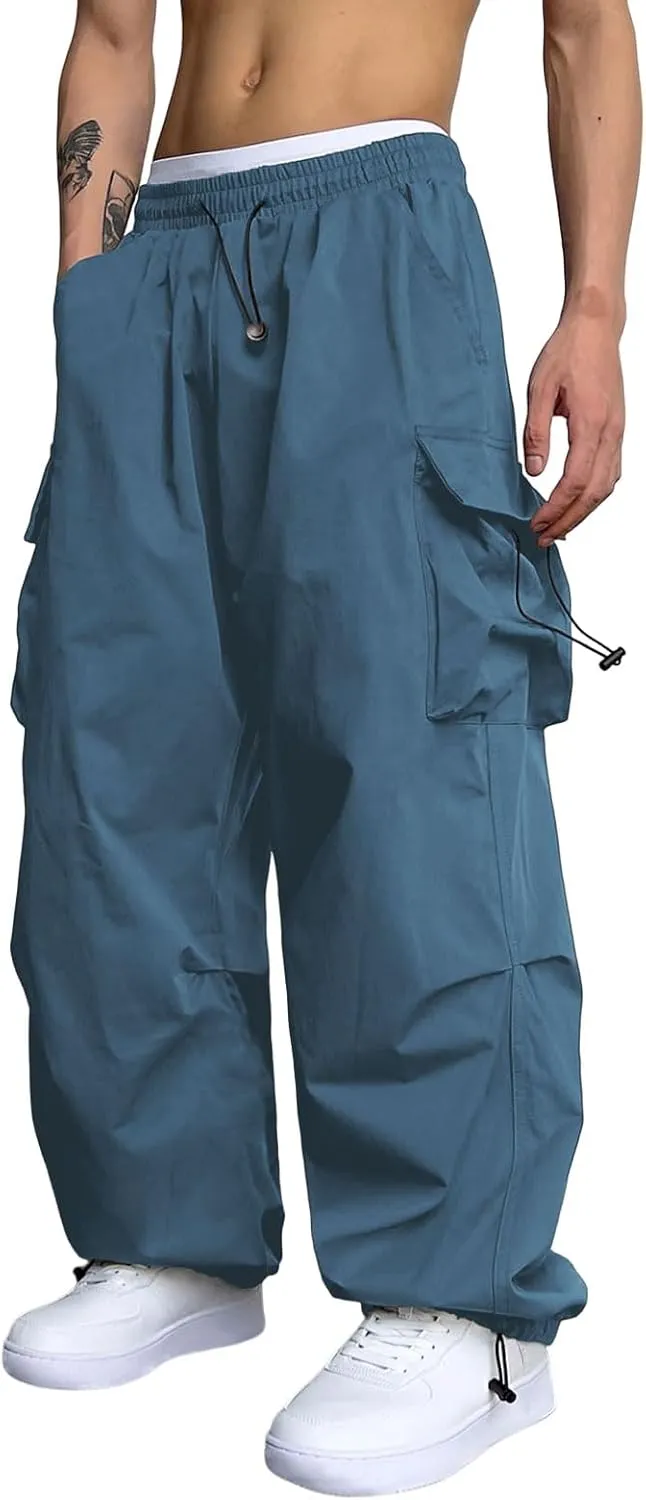 ZAFUL Flat Pocket Parachute Pants for Men Casual Baggy Cargo Pants Unisex Street Y2K Pants Drawstring Trouser