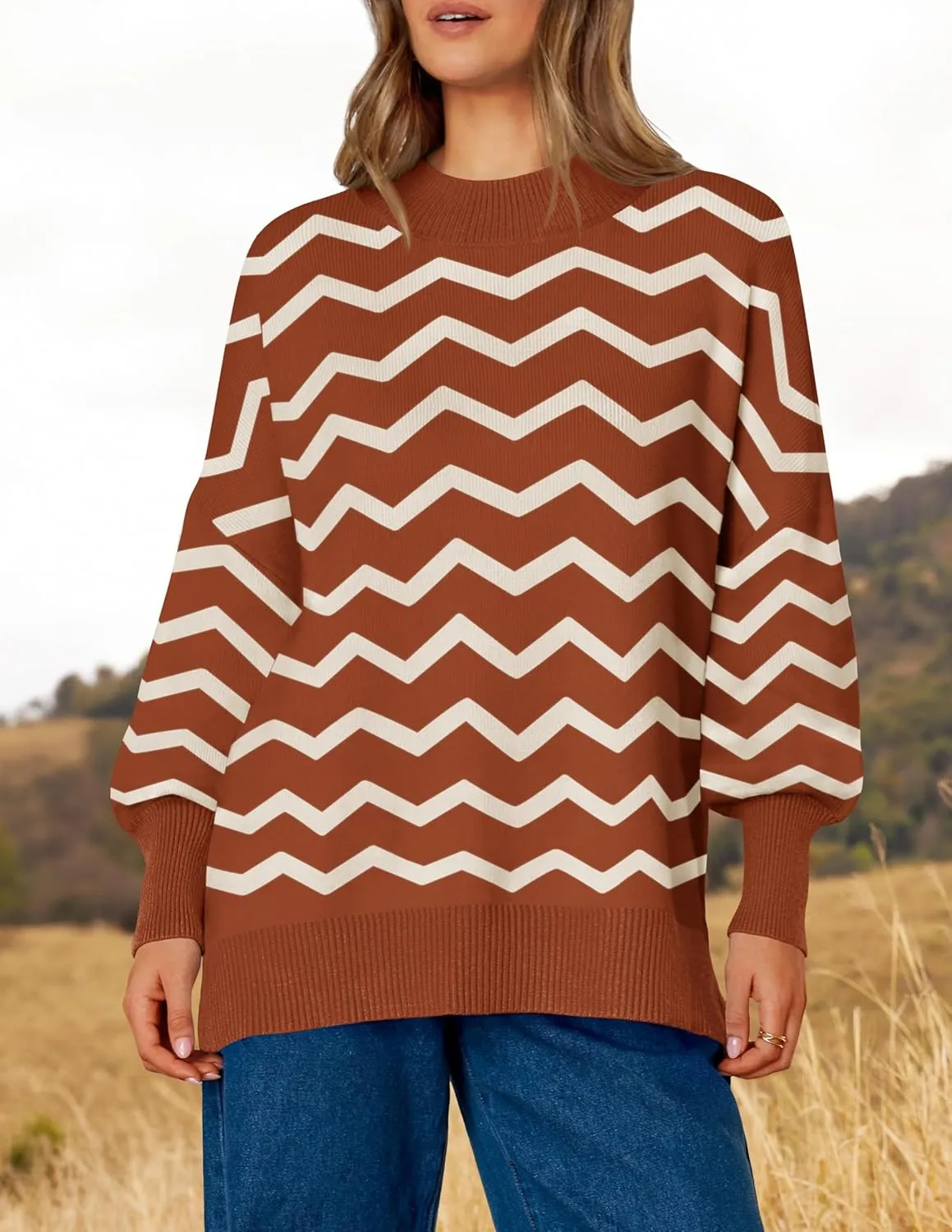 ZESICA Women's Striped Sweaters Casual Long Sleeve Mock Neck Contrast Color Comfy Loose Knit Pullover Tops