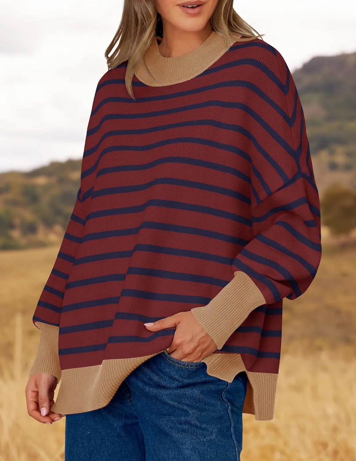 ZESICA Women's Striped Sweaters Casual Long Sleeve Mock Neck Contrast Color Comfy Loose Knit Pullover Tops