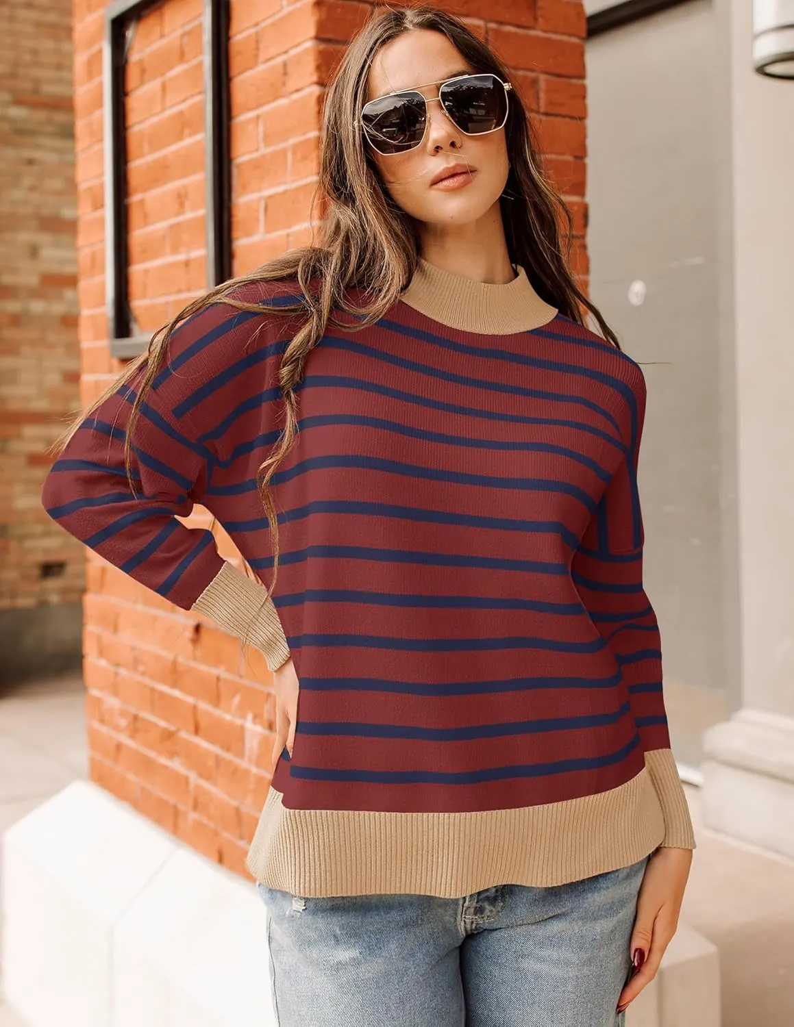 ZESICA Women's Striped Sweaters Casual Long Sleeve Mock Neck Contrast Color Comfy Loose Knit Pullover Tops