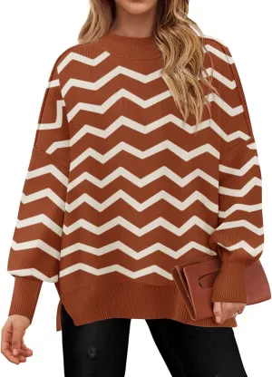 ZESICA Women's Striped Sweaters Casual Long Sleeve Mock Neck Contrast Color Comfy Loose Knit Pullover Tops