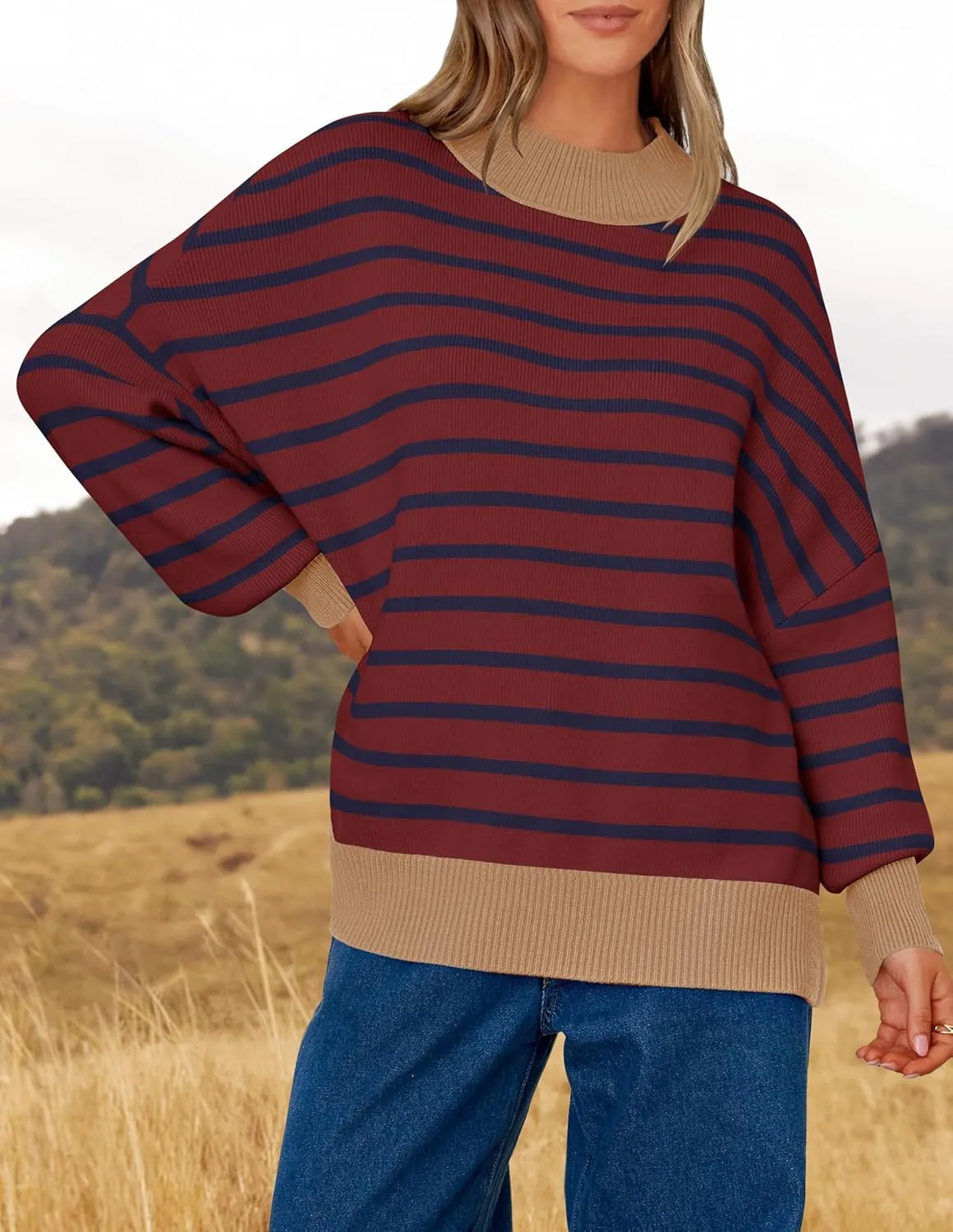 ZESICA Women's Striped Sweaters Casual Long Sleeve Mock Neck Contrast Color Comfy Loose Knit Pullover Tops