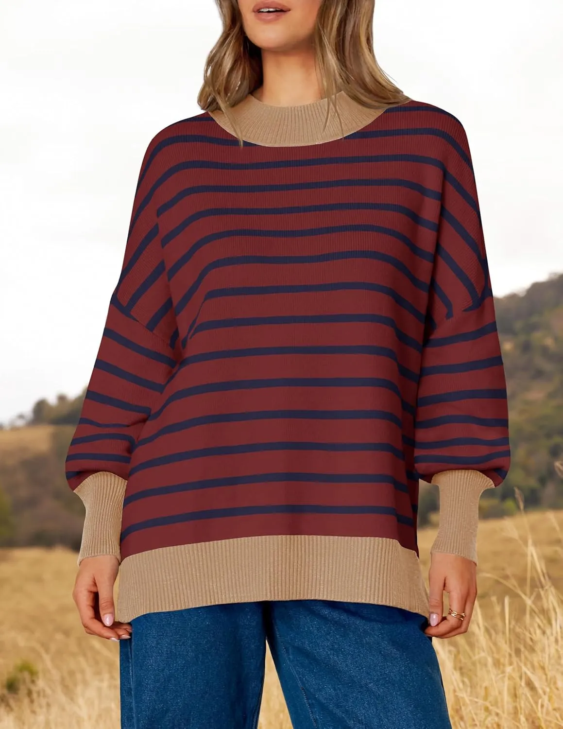 ZESICA Women's Striped Sweaters Casual Long Sleeve Mock Neck Contrast Color Comfy Loose Knit Pullover Tops