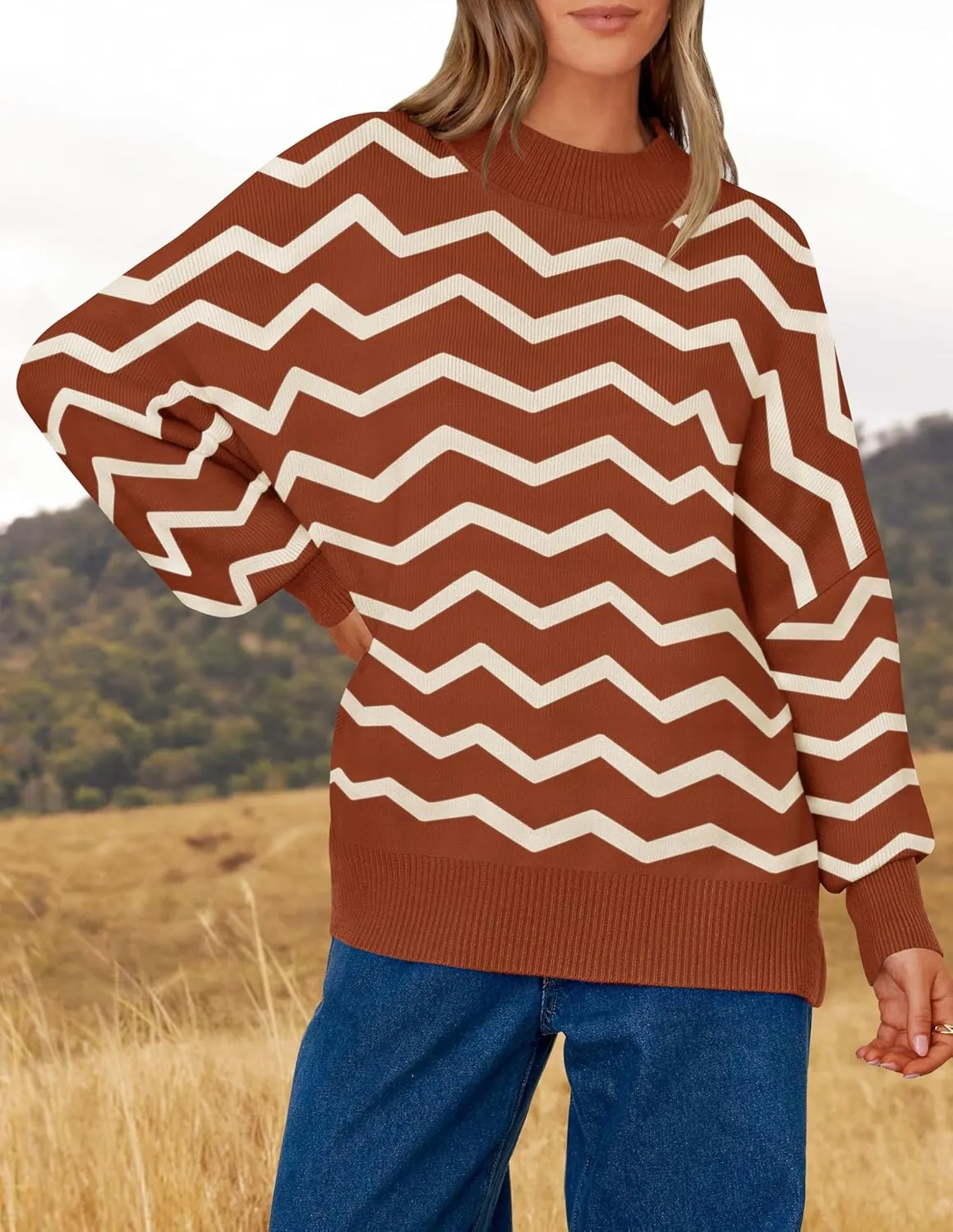 ZESICA Women's Striped Sweaters Casual Long Sleeve Mock Neck Contrast Color Comfy Loose Knit Pullover Tops