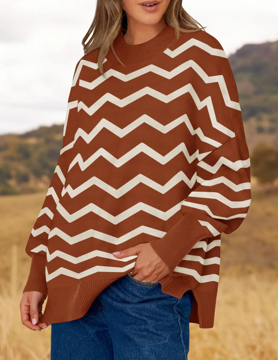 ZESICA Women's Striped Sweaters Casual Long Sleeve Mock Neck Contrast Color Comfy Loose Knit Pullover Tops