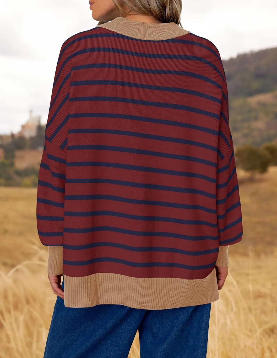 ZESICA Women's Striped Sweaters Casual Long Sleeve Mock Neck Contrast Color Comfy Loose Knit Pullover Tops