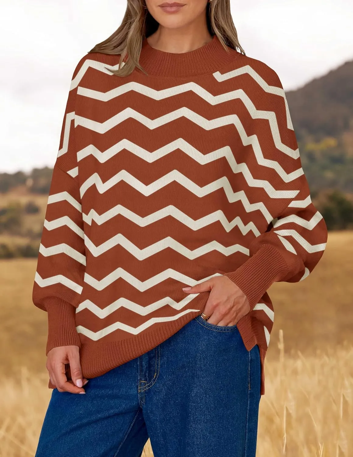 ZESICA Women's Striped Sweaters Casual Long Sleeve Mock Neck Contrast Color Comfy Loose Knit Pullover Tops
