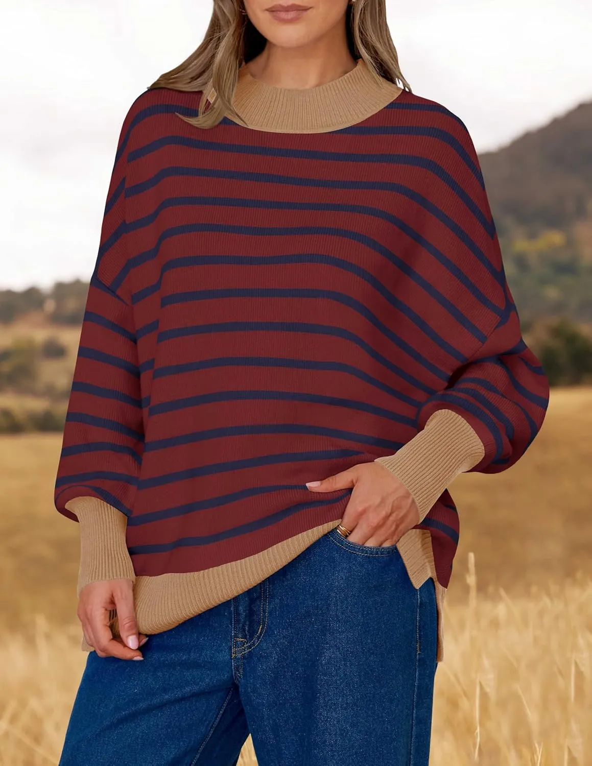 ZESICA Women's Striped Sweaters Casual Long Sleeve Mock Neck Contrast Color Comfy Loose Knit Pullover Tops