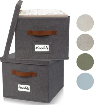 ZICOTO Decorative File Organizer Box Set of 2 - Collapsible Linen Filing Cabinets w/Handles Are Perfect to Store all Your Documents & Hanging File Folders - Portable Easy Slide Crates with Lid