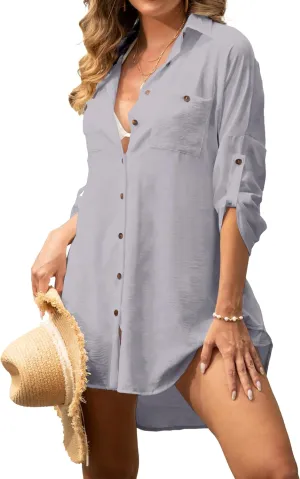 Zoye Chen Womens Swimsuit Cover up For Swimwear Button Down Beach Shirt Dress Bikini Coverup Blouse Shirt Dress